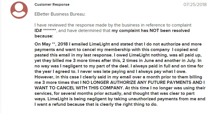 Better Business Bureau (BBB) complaints about LimeLife by Alcone